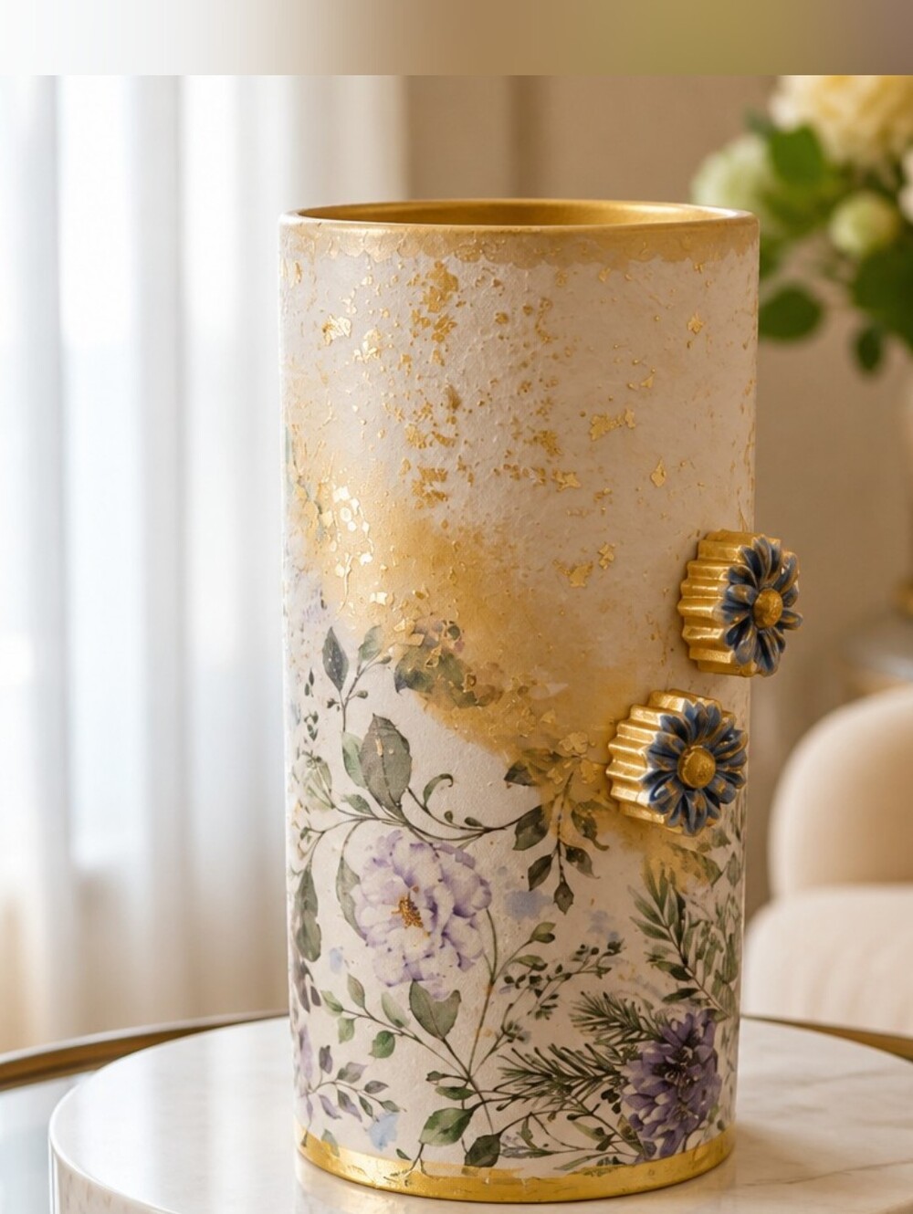 Floral Cylinder Vase with Gold Accents and Blue Flowers paint on decoupage